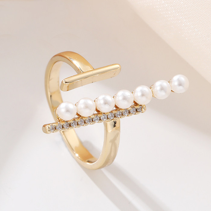 Anéis abertos elegantes de zircônia de pérola com incrustação de cobre geométrico feminino