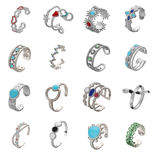 Großhandel offene Ringe mit Sonnenstern-Edelstahl-Emaille-Inlay und künstlichen Edelsteinen im Ethno-Stil