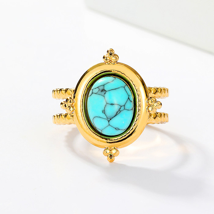 1 Piece Vintage Style Round Square Stainless Steel Inlay Turquoise Open Ring