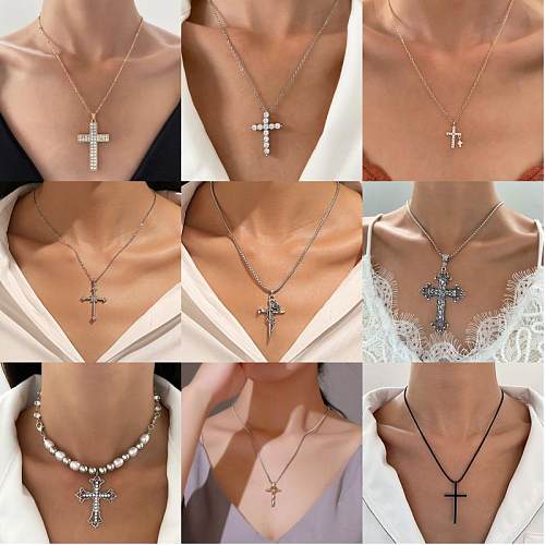 IG Style Cross Stainless Steel Metal Copper Plating Inlay Artificial Pearls Rhinestones Zircon 18K Gold Plated Silver Plated Necklace