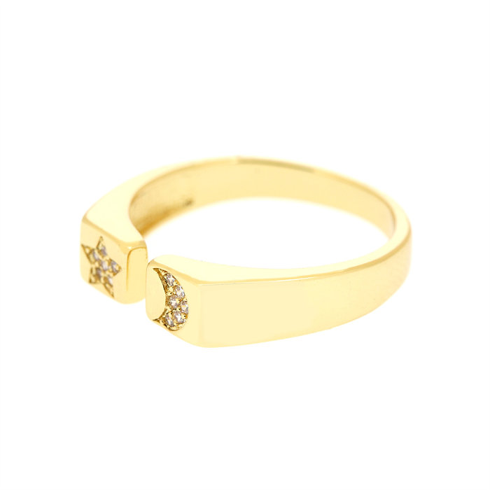 Simple Style Star Moon Copper Inlay Zircon 18K Gold Plated Open Ring