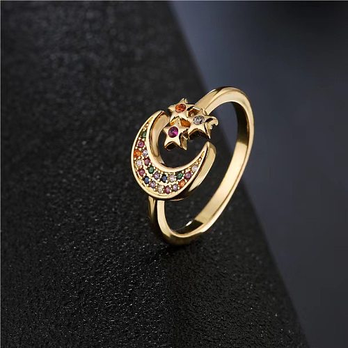Elegant Lady Streetwear Star Moon Copper Inlay Zircon Open Ring