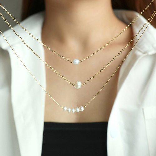 Modische dreilagige Perlenpullover-Kette, vergoldete Halskette im Großhandel