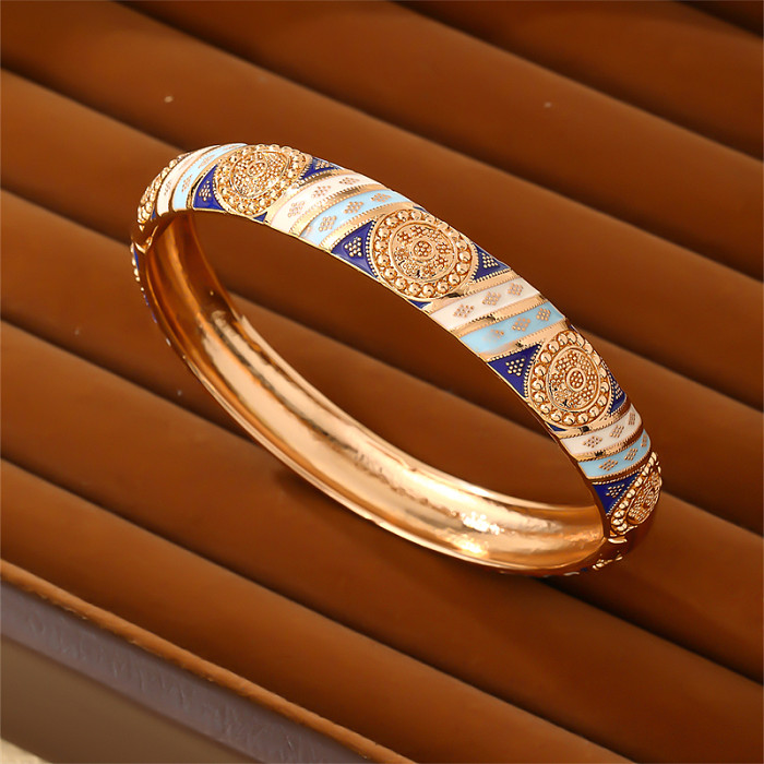 Bracelet plaqué or avec trèfle à quatre feuilles, Style Vintage élégant et décontracté, rond en cuivre et émail