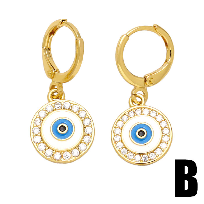1 Pair Elegant Lady Devil'S Eye Hand Of Fatima Enamel Inlay Copper Zircon 18K Gold Plated Drop Earrings