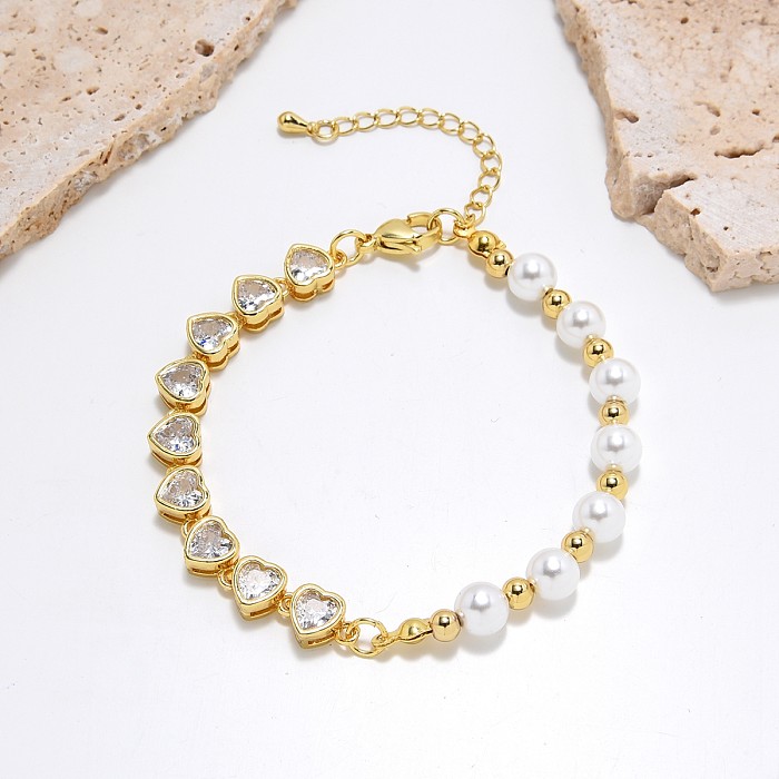 Simple Style Classic Style Heart Shape Imitation Pearl Copper Plating Inlay Zircon Gold Plated Bracelets