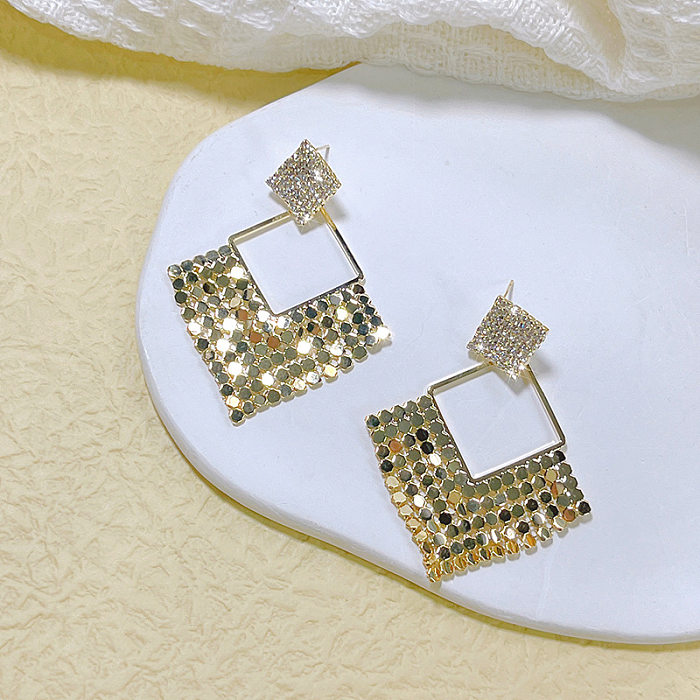 1 paire de boucles d'oreilles élégantes pour femmes, incrustation géométrique, Imitation perle, cuivre, Zircon