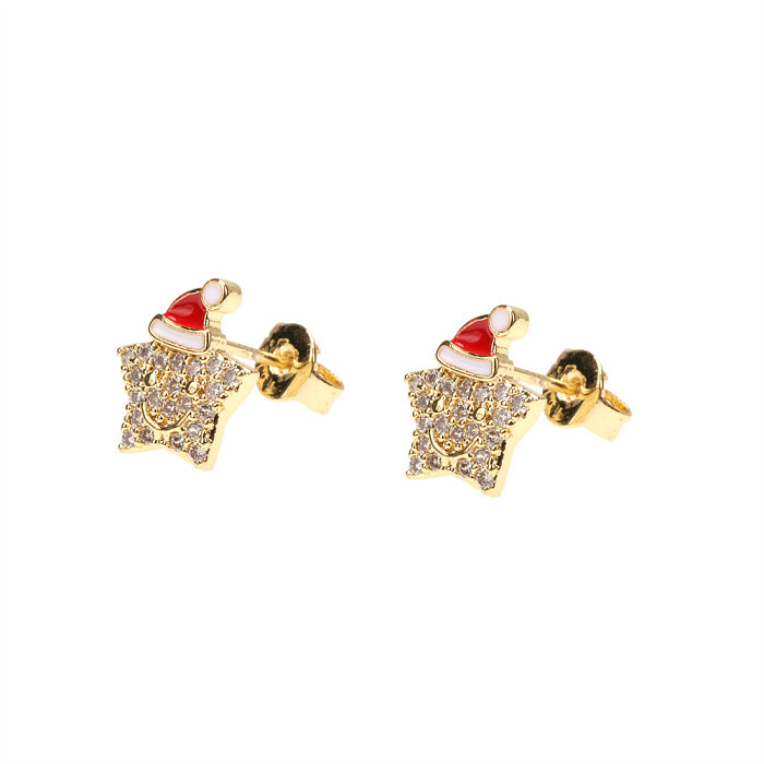 IG Style Christmas Hat Star Smiley Face Copper Enamel Plating Inlay Zircon 18K Gold Plated Rings Earrings Necklace