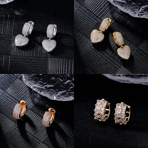 1 Paar elegante, runde, herzförmige, plattierte Ohrringe aus Kupfer mit Zirkon und 18 Karat vergoldetem Weißgold
