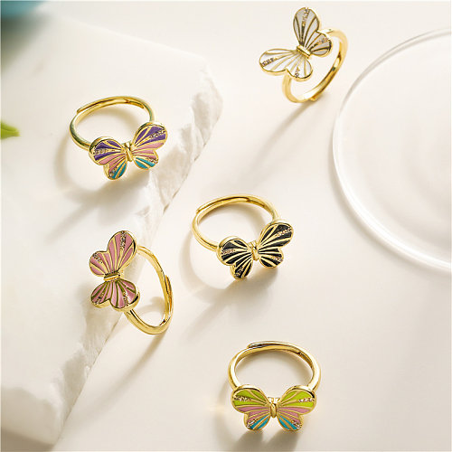 Elegant Beach Sweet Butterfly Copper Enamel Plating Inlay Zircon 18K Gold Plated Open Rings