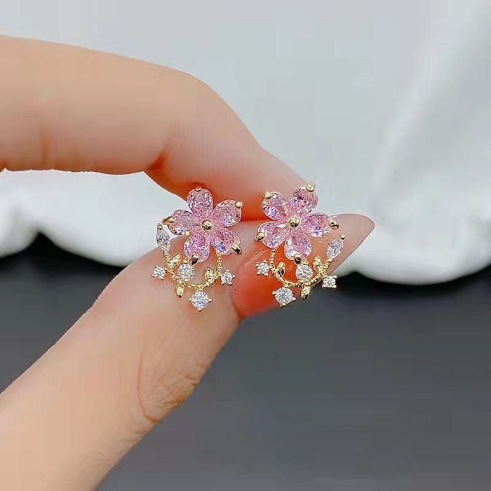 1 Pair Elegant Flower Plating Inlay Copper Rhinestones Ear Studs