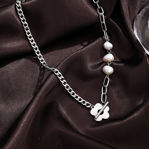 Sweet Flower Copper Plating Chain Freshwater Pearl Silver Plated Necklace