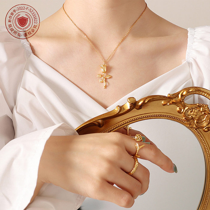Mode Retro Rose Titan Stahl vergoldet Halskette Ring