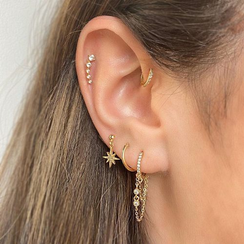 Einfache Stern-Ohrringe mit eingelegtem Zirkon aus Kupfer, 1 Set