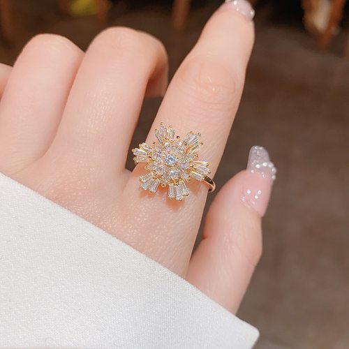 Lady Flower Copper Plating Inlay Zircon 14K Gold Plated Open Rings