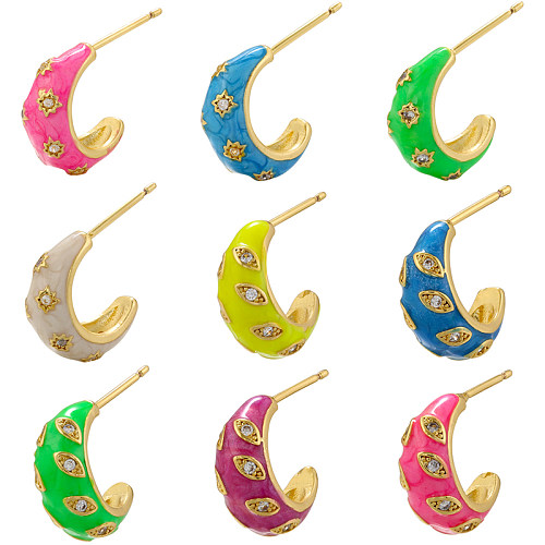 1 Pair Elegant Luxurious Shiny C Shape Star Eye Enamel Plating Inlay Copper Zircon 18K Gold Plated Ear Studs