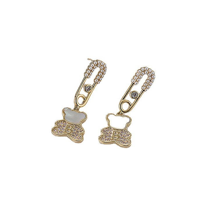 1 Paar niedliche, glänzende Buchstaben-Bären-Ohrringe mit Kupfer-Perlen-Zirkon-Beschichtung, 18 Karat vergoldet
