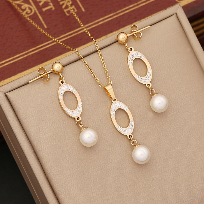 Simple Style Commute Round Heart Shape Rectangle Stainless Steel Plating Hollow Out Inlay Pearl Zircon Jewelry Set