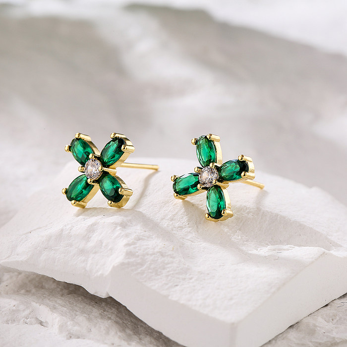 New Style Copper Plating 18K Gold Micro Inlaid Zircon Emerald Geometric Stud Earrings