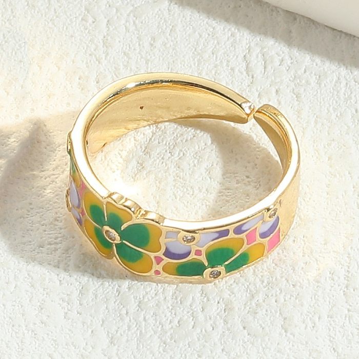 Elegante, luxuriöse Blumen-Verkupferungs-Inlay-Zirkon-14-Karat-vergoldete offene Ringe