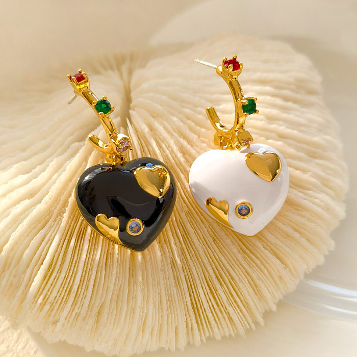 1 paire de boucles d'oreilles en forme de cœur en cuivre émail Zircon