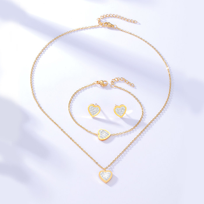 Fashion Simple Heart-Shaped Zircon Stainless Steel Ear Stud Bracelet Necklace Set