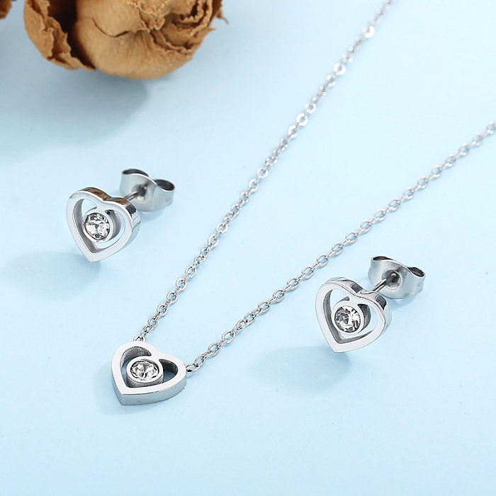 Simple Style Heart Shape Titanium Steel Plating Inlay Zircon 18K Gold Plated Rose Gold Plated Bracelets Earrings Necklace