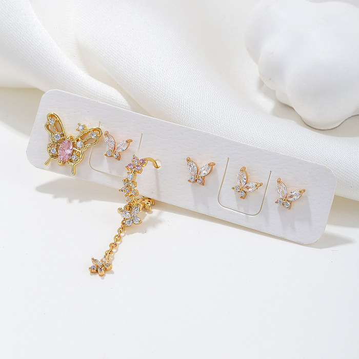 1 conjunto de brincos de orelha banhados a ouro 18K com revestimento assimétrico de latão doce borboleta