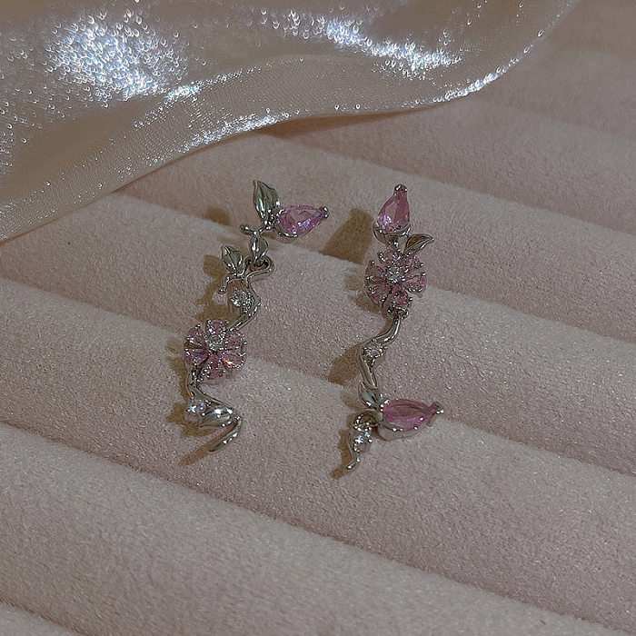 1 Pair Sweet Heart Shape Flower Bow Knot Plating Inlay Copper Zircon Drop Earrings Ear Studs