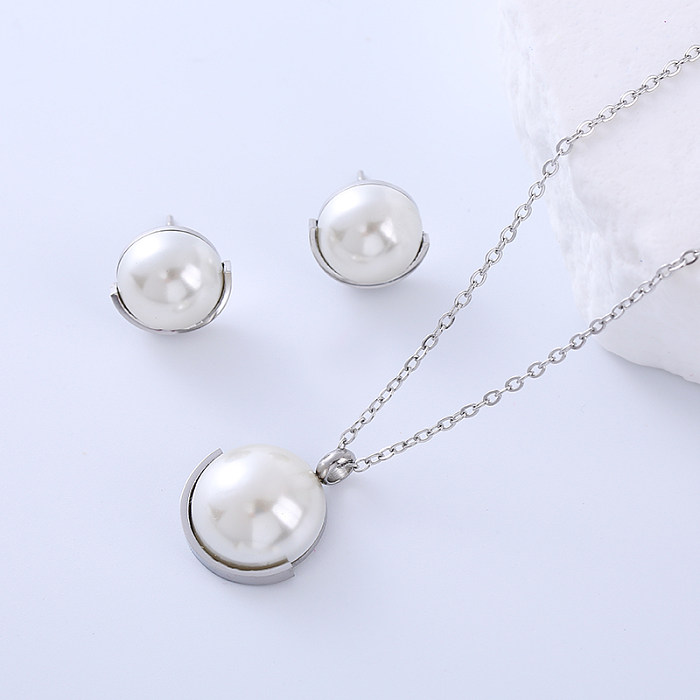 Elegant Lady Simple Style Geometric Stainless Steel Plating Inlay Pearl 18K Gold Plated Earrings Necklace