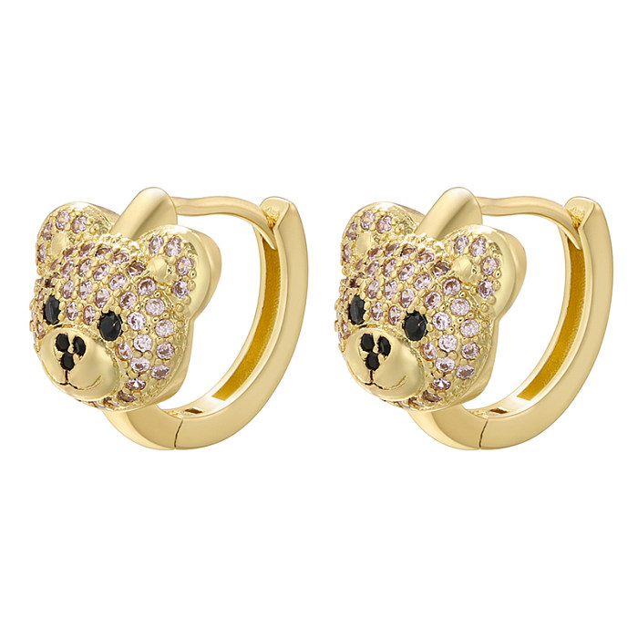 1 Paar elegante, glänzende Bären-Ohrringe mit Inlay aus Kupfer und Zirkon mit 18-Karat-Vergoldung