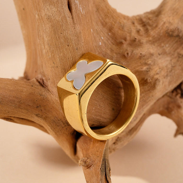 Estilo moderno redondo lua borboleta chapeamento de aço inoxidável anéis banhados a ouro 14K