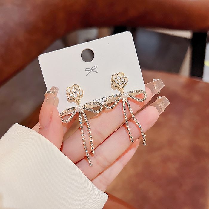 Sweet Heart Shape Butterfly Bow Knot Copper Tassel Artificial Pearls Rhinestones Drop Earrings 1 Pair