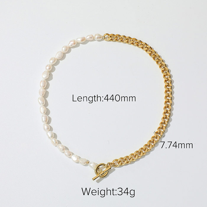 Simple Half Pearl Metal Splicing Chain Stainless Steel Necklace