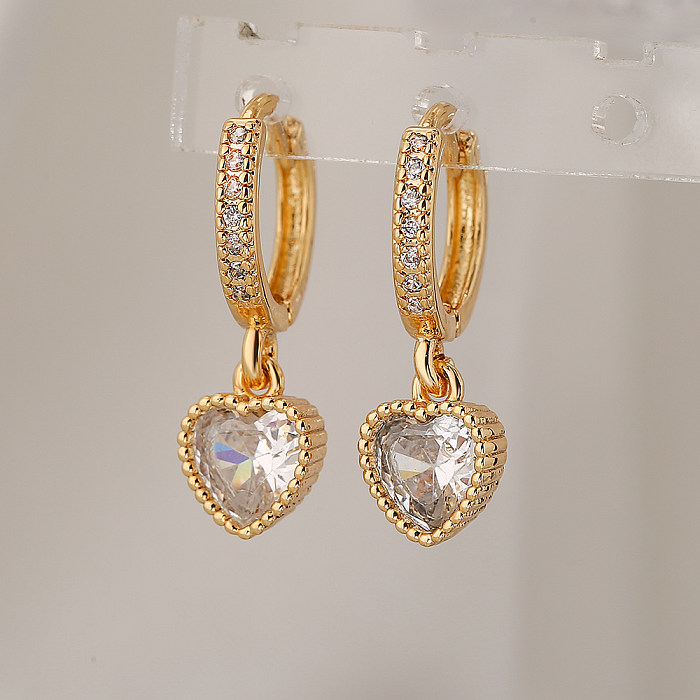 1 Pair Simple Style Shiny Heart Shape Plating Inlay Copper Zircon 18K Gold Plated Drop Earrings
