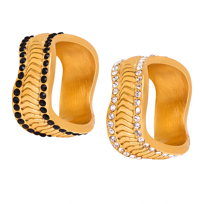 Atacado estilo moderno geométrico titânio chapeamento de aço incrustação anéis de strass banhados a ouro 18K