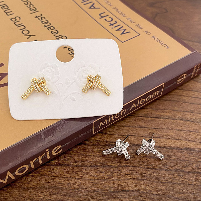 1 paire de clous d'oreilles en cuivre et Zircon, Style IG, incrustation de nœud papillon