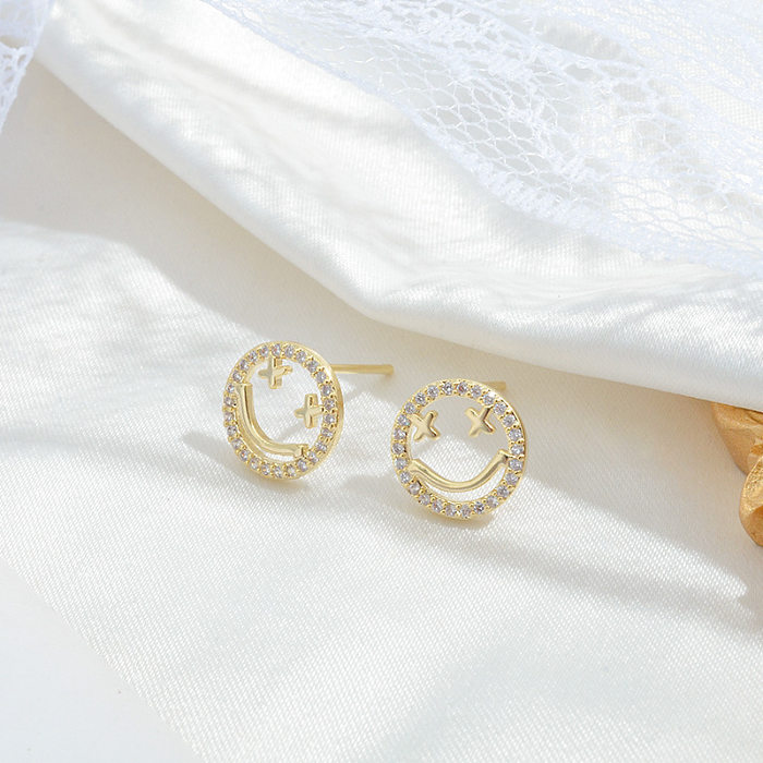 Fashion Smiley Face Copper Plating Hollow Out Inlay Zircon Ear Studs 1 Set