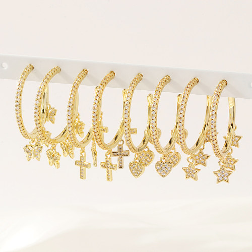 1 Paar übertriebene Kreuz-Herzform-Schmetterlingsüberzug-Ohrringe im Vintage-Stil mit Kupfer-Zirkon-Intarsien und 18 Karat vergoldeten Ohrhängern