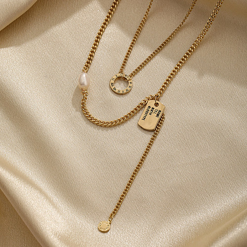 Collier plaqué or 14 carats avec incrustation de perles d'eau douce et rectangle de couleur unie de style vintage