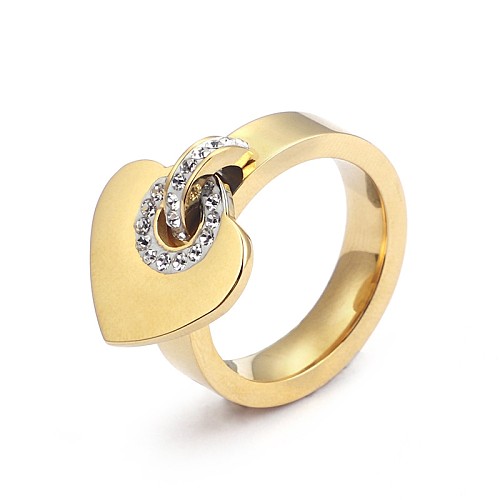 Bague en acier inoxydable en forme de cœur avec diamant, bijoux à la mode, vente en gros