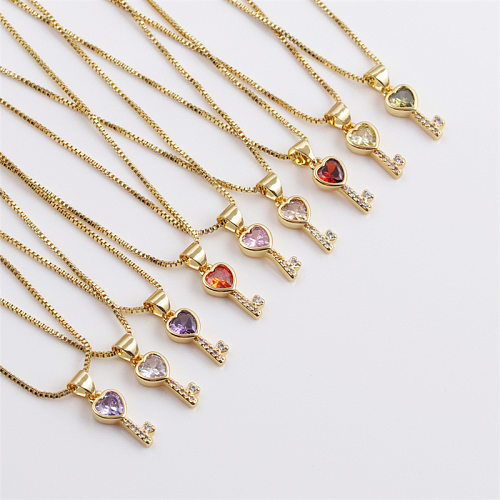 Collier en cuivre et Zircon incrusté de clé de cœur multicolore, vente en gros de bijoux