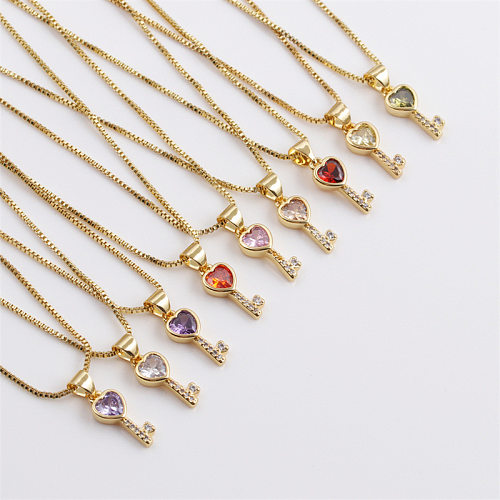 Fashion Multicolor Heart Key Inlaid Zircon Copper Necklace Wholesale jewelry