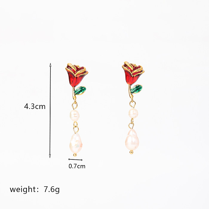 Retro French Style Heart Shape Rose Freshwater Pearl Copper Plating 18K Gold Plated Earrings Necklace