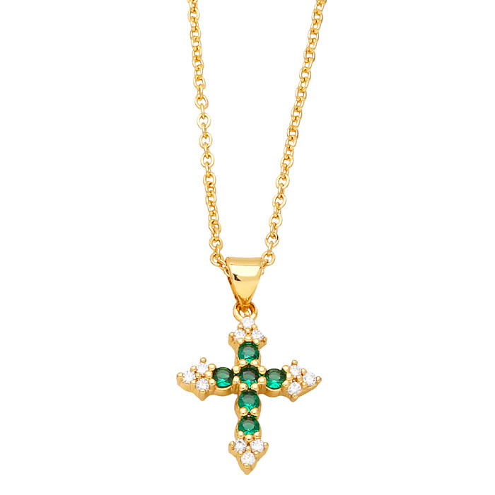 Simple Style Cross Copper Gold Plated Zircon Pendant Necklace 1 Piece