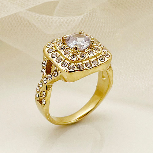 Vintage Style Lady Geometric Stainless Steel Plating Inlay Zircon Gold Plated Rings