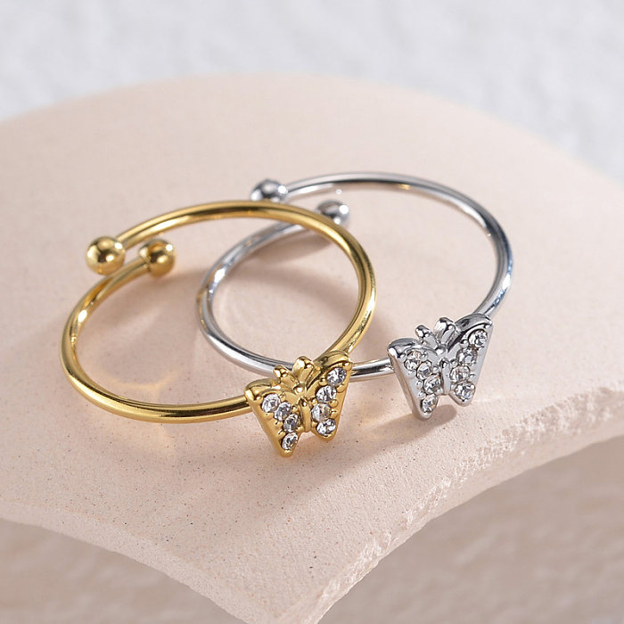 Estilo simples estilo clássico borboleta chapeamento de aço inoxidável strass incrustados banhados a ouro 14K anéis abertos