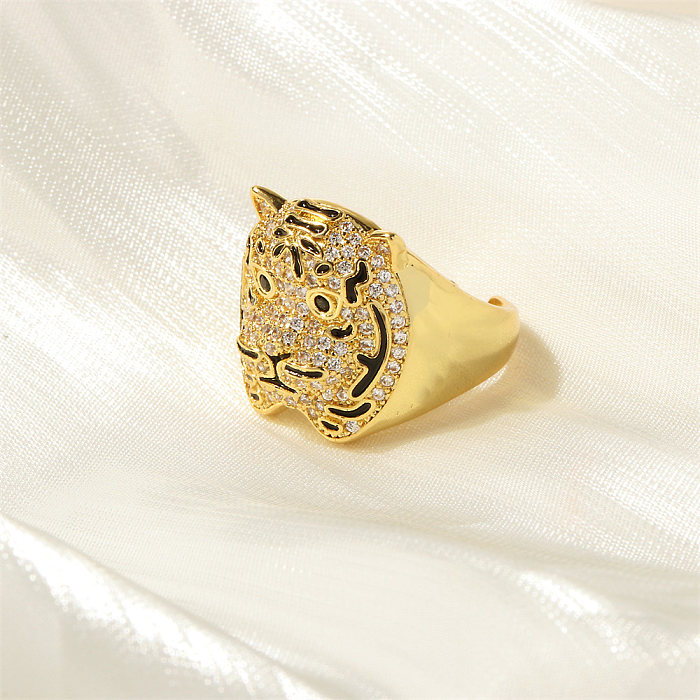 Hip-hop estilo simples tigre cobre esmalte chapeamento incrustado zircão 18K anéis abertos banhados a ouro