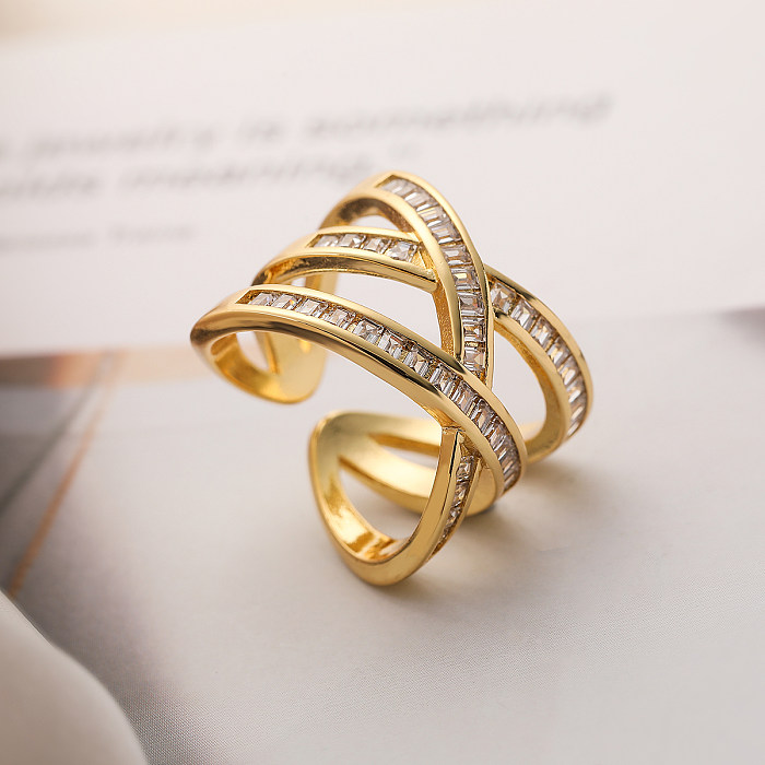 Simple Style Commute Cross Copper Plating Inlay Zircon 18K Gold Plated Open Rings
