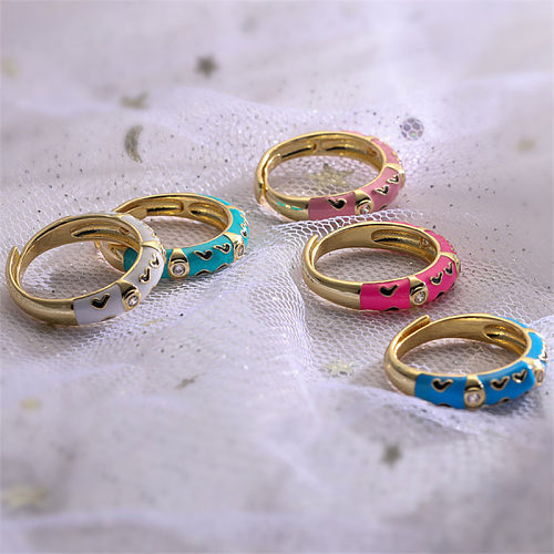 Elegant Colorful Heart Shape Copper Enamel Plating Inlay Zircon 18K Gold Plated Open Rings
